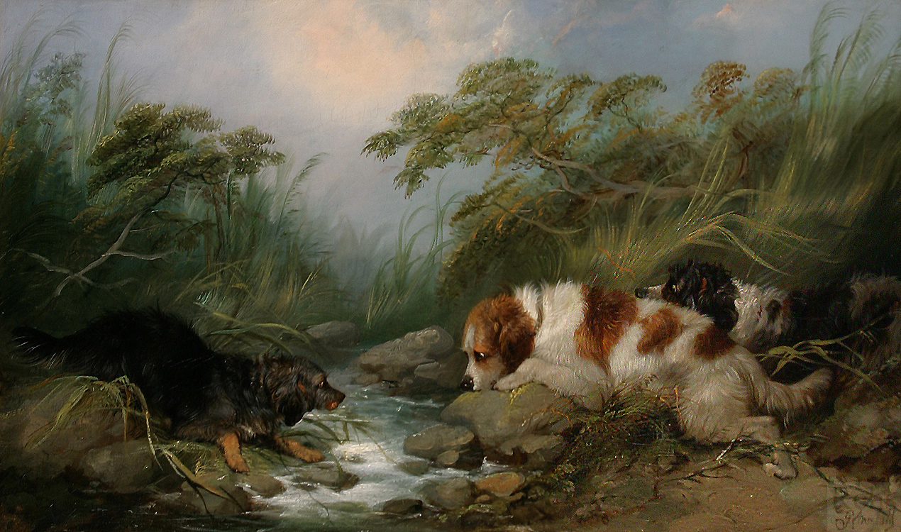 George Armfield  three dogs by a brook