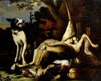 Jan fyt a dog seated beside a dead deer