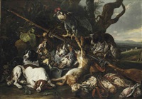 Jan fyt a hunting still life of a hare partridges snipes and other birds together with three spaniels