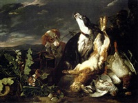 Jan fyt a hunting still life with a partridge a mallard a hare and a spaniel