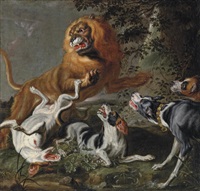 Jan fyt a lion attacked by a pack of hounds in a wooded landscape